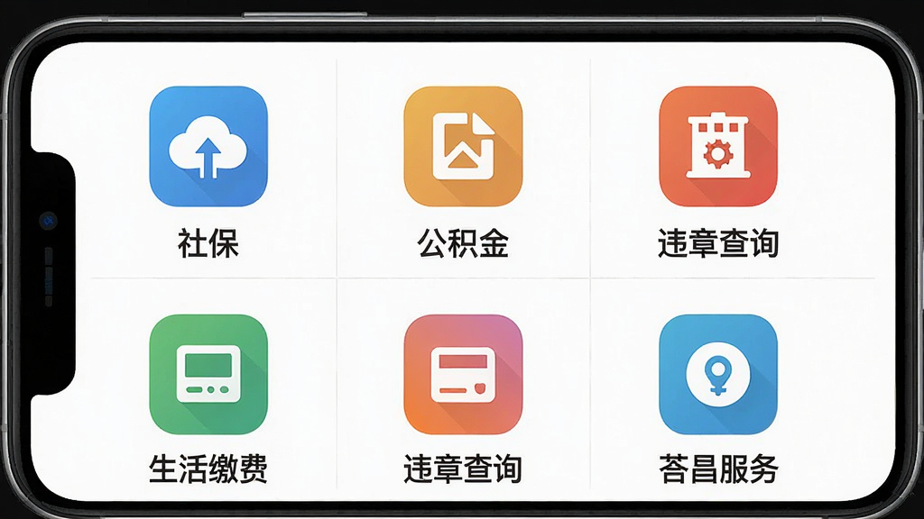 һ��չʾ�������ơ�App�������ҳ����ֻ�����ͼ������Ϊ�ֻ���Ļ������Ϊ�Ź������ͼ�꣬�����籣��������Υ�²�ѯ������ɷѵȣ�ÿ��ͼ���·������ֱ�ǩ���Ű����������ƽ����ϸ����ͼ����Ƽ�࣬����Ϊ��ɫ�����ʸ��壬�ɾ����޶���Ԫ��