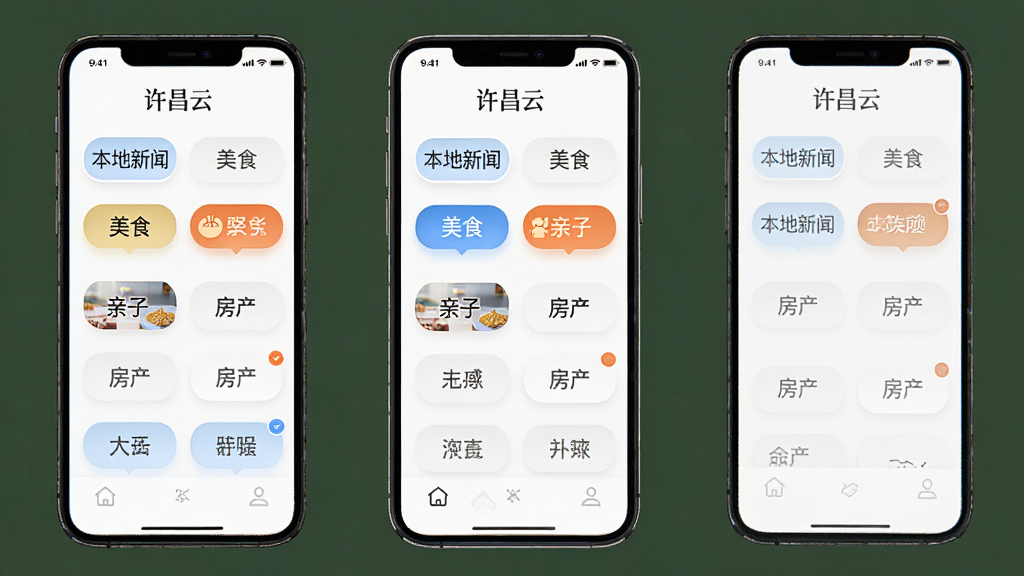 һ��չʾ�������ơ�App���Ի���������ҳ����ֻ�����ͼ������Ϊ�ֻ���Ļ������Ϊ�����Ȥ��ǩѡ��ť���硰�������š�������ʳ���������ӡ������������ȣ����ֱ�ǩ��ѡ�и������Ű��࣬������£�ϸ���ϰ�ťԲ�󣬱���Ϊ��ɫ�����ʸ��壬�޶���Ԫ��