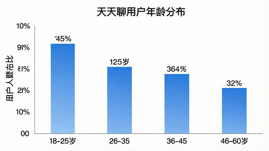 一张展示天天聊用户年龄分布的柱状图图片,横轴标注年龄段18-25岁、26-35岁、36-45岁、46-60岁,纵轴标注用户人数占比,柱状图采用蓝色渐变配色,每个柱子上方有具体百分比数字,背景为白色,图表标题为“天天聊用户年龄分布”,风格简洁专业,画质干净,无多余元素