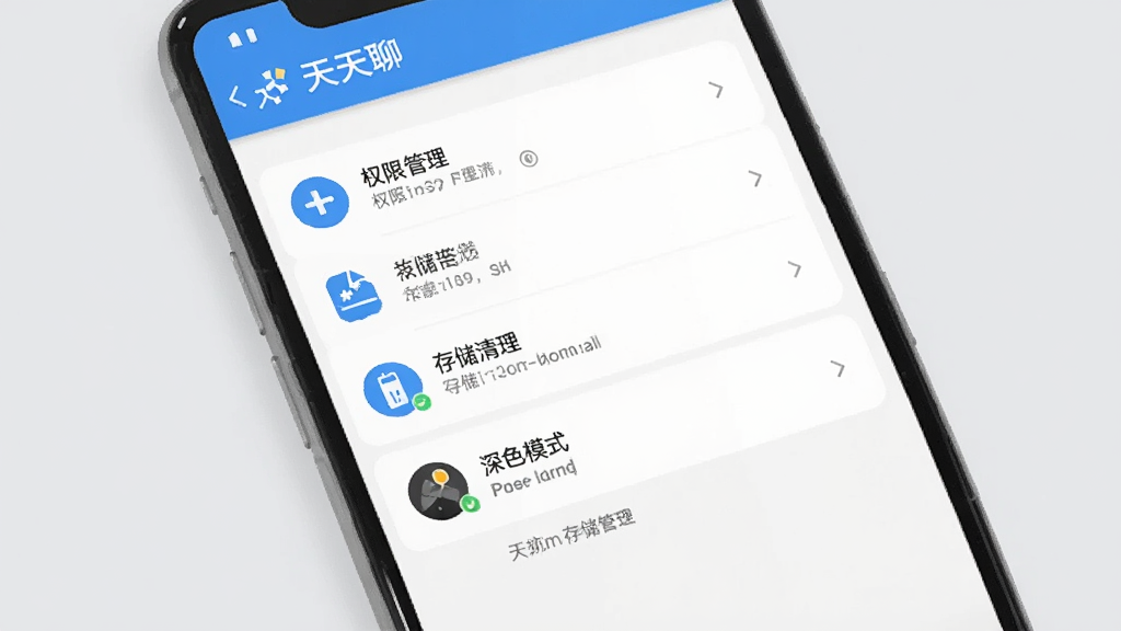 一张展示天天聊应用权限设置和存储管理的手机截图风格图片,画面中手机屏幕显示天天聊的设置页面,有权限管理、存储清理、深色模式等选项,界面采用蓝白配色,图标简洁,布局清晰,背景是浅灰色,风格现代扁平,画质干净,无多余元素