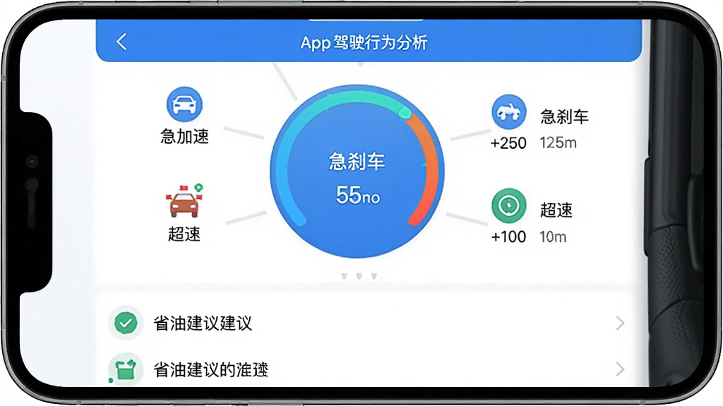������App�ļ�ʻ��Ϊ����ҳ���ͼ���ֻ���Ļ��ʾһ��Բ�μ�ʻ�����Ǳ��̣���Χ�м����١���ɲ�������ٵ�Сͼ��Ͷ�Ӧ����ͳ�ƣ��·���ʡ�ͽ����б���������Ƽ�࣬��ɫ��ɫ������ɫ���������ݿ��ӻ����������ʸɾ����޶���Ԫ��