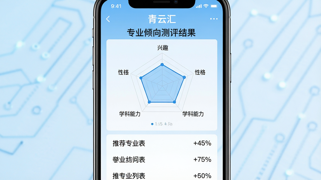 һ��AI���ɵ�ͼƬ���������ֻ���Ļ����ʾ�����ƻ㡱App��רҵ����������ҳ�档���֣������ǲ���������⣬�м����״�ͼչʾ��Ȥ���Ը�ѧ������ά�ȣ��·����Ƽ�רҵ�б����Ű棺ͼ�����б���ϡ���񣺿Ƽ���������н�ϣ�ǳ��ɫ������ϸ�ڣ��״�ͼ��������ά�ȱ�ǩ���Ƽ�רҵ����ƥ��Ȱٷֱȡ����ʣ����壬����ɾ����޶���Ԫ�ء�