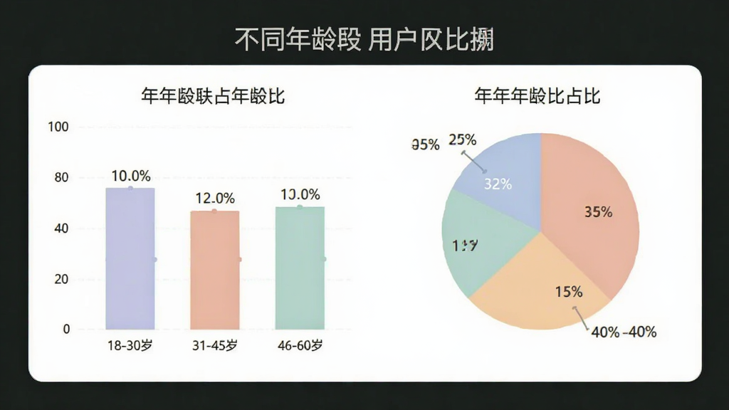 一张展示不同年龄段用户比例的数据图表图片,画面中有柱状图或饼状图,标注18-30岁、31-45岁、46-60岁等年龄段占比,背景简洁,风格现代,颜色柔和,画质干净,无多余元素