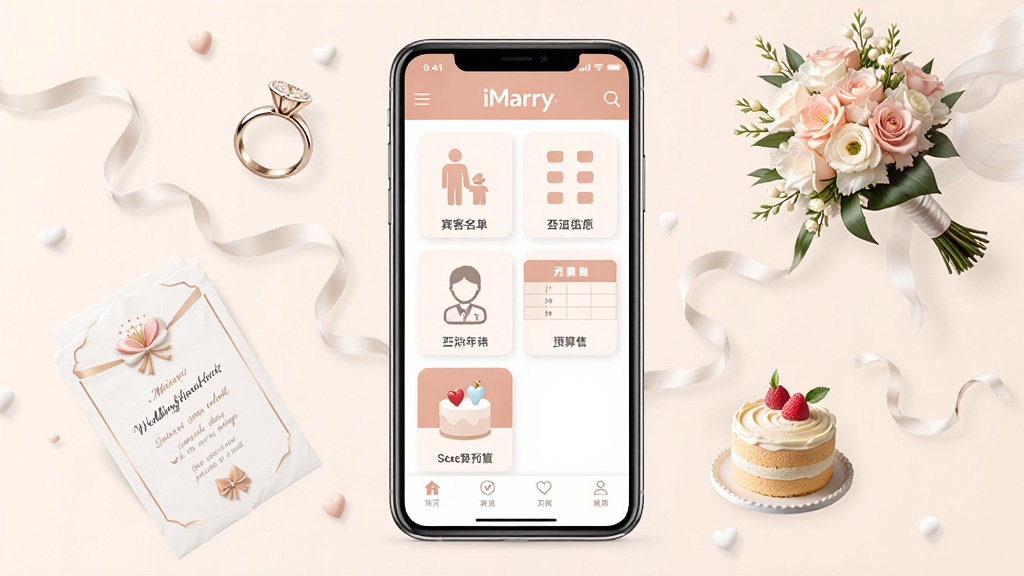 һ��չʾiMarryӦ����Ҫ���ܵĺϳ�ʾ��ͼ�������������ֻ���Ļ����Ļ����ʾiMarry�Ļ���ﱸ�����棬����������������λͼ��Ԥ�����ͼ�꣬�ֻ���ΧƯ���Ż�����ص�Ԫ�أ����ָ�������������С���⣬���岼�ֲ��þ��й�ͼ�������ܰ�ִ���ϸ�ھ��£����ʸɾ��������޶���Ԫ��