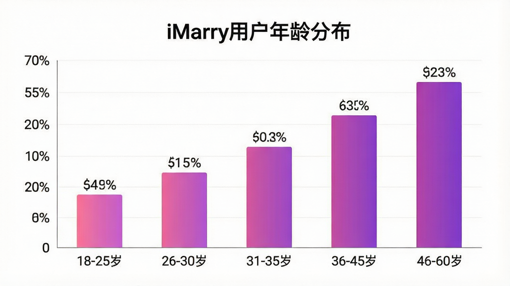 һ��չʾiMarry�û�����ֲ�����״ͼ��������������״ͼ������Ϊ����Ρ�18-25�ꡱ��26-30�ꡱ��31-35�ꡱ��36-45�ꡱ��46-60�ꡱ������Ϊ�ٷֱȣ���״ͼ��ɫΪ�����ɫ����ɫ��ÿ�������Ϸ���ע����ٷֱ���ֵ��ͼ������Ϊ��iMarry�û�����ֲ��������岼�־��У�������ִ���ϸ�����������ʸɾ����޶���Ԫ��