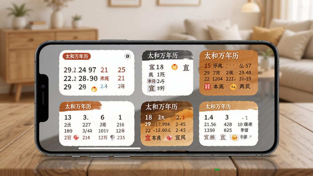 一张展示手机桌面小组件效果的图片,画面中一部手机平放在木纹桌面上,手机屏幕上有多个“太和万年历”的小组件,分别显示公历日期、农历日期和宜忌信息,组件风格简洁,背景是虚化的家居环境,整体色调温暖,画质清晰,无多余元素。