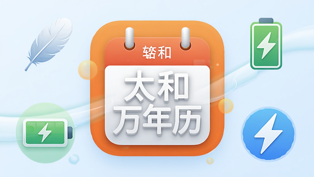 一张信息图表风格的插画,画面中央是“太和万年历”App的图标,周围环绕着代表轻量、省电、流畅的图标元素,比如羽毛、电池、闪电符号,背景是浅蓝色渐变,整体风格干净清爽,画质清晰,无多余元素。