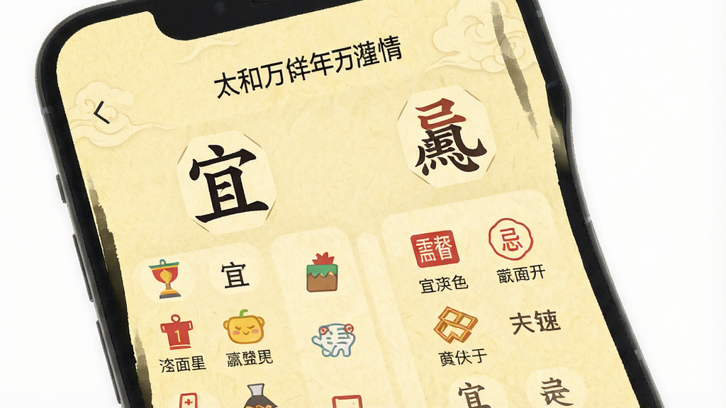 一张扁平化风格的手机应用界面展示图,画面中展示“太和万年历”App的黄历详情页,页面上有“宜”和“忌”两个大字标题,下方排列着具体的宜忌事项图标和文字,背景是淡黄色纸张纹理,整体布局清晰,风格传统与现代结合,画质干净无多余元素。