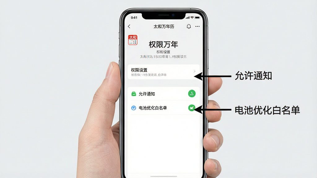 一张手机操作示意图,画面中一只手拿着手机,手机屏幕上显示“太和万年历”App的权限设置页面,旁边有箭头标注“允许通知”和“电池优化白名单”的选项,背景是简洁的浅灰色,整体风格清晰直观,画质干净,无多余元素。