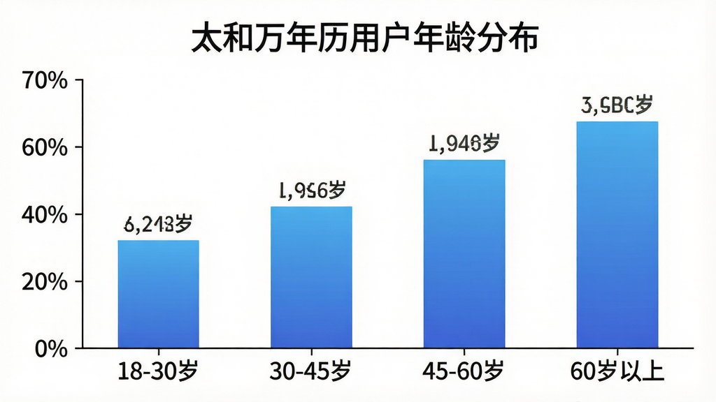 一张柱状图风格的插画,横轴是年龄段“18-30岁”“30-45岁”“45-60岁”“60岁以上”,纵轴是用户占比百分比,柱子上方标注具体数值,图表标题是“太和万年历用户年龄分布”,背景是白色,柱子颜色为渐变蓝色,整体风格简洁专业,画质清晰,无多余元素。