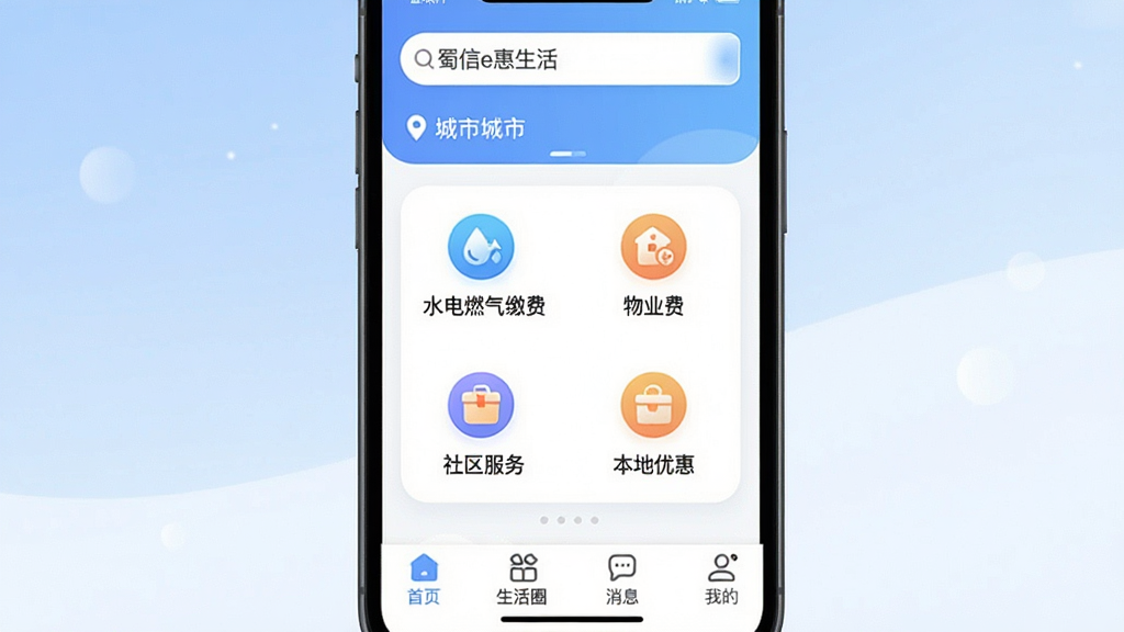 һ��չʾ����e������App����ȫò��ͼƬ���������ֻ���Ļ����Ļ����ʾ����e������App�������棬���涥����������ͳ��ж�λ���м���ˮ��ȼ���ɷѡ���ҵ�ѡ��������񡢱����Ż��Ĵ���ͼ�꣬�ײ�����ҳ������Ȧ����Ϣ���ҵ��ĸ����������������࣬��������͵����׽��䣬����ִ���ƽ����ϸ��Բ�󣬻��ʸɾ��޶���Ԫ��