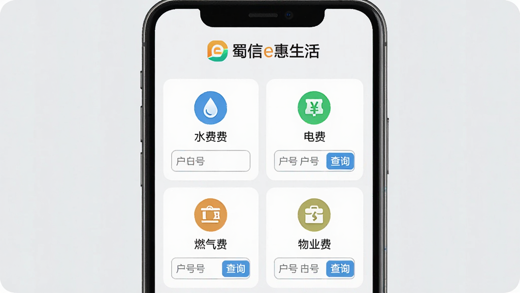 һ��չʾ����e������App����ɷѹ��ܽ����ͼƬ�������������ֻ���Ļ����Ļ�м���ʾˮ�ѡ���ѡ�ȼ���ѡ���ҵ���ĸ��ɷ����ͼ�꣬ÿ��ͼ���·��ж�Ӧ�Ļ��������Ͳ�ѯ��ť����Ļ�Ϸ�������e�������Logo��������ǳ��ɫ������Լ���������ʸɾ��޶���Ԫ��