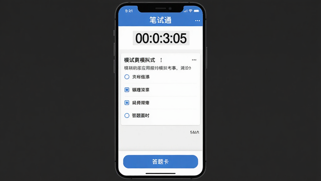 ������ͨ��Ӧ����ģ�⿼�Խ��棬��������ʱ�����м�����Ŀ��ѡ��ײ��д��⿨��ť���������޹�棬������ɫ����ƽ����ƣ����ʸɾ��޶���Ԫ��