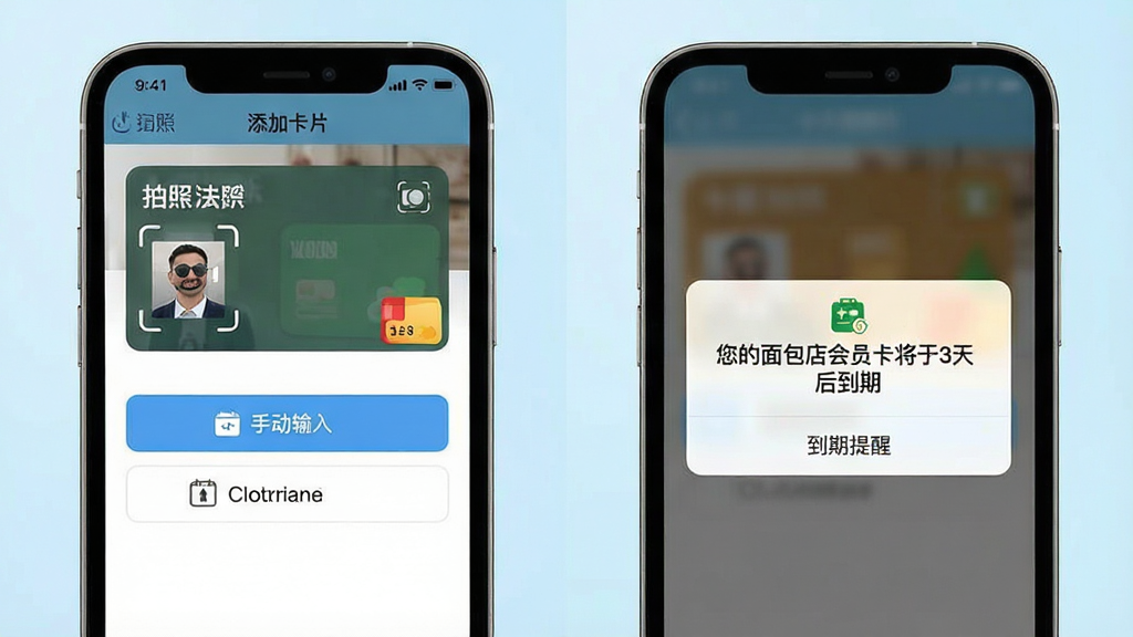卡秘会员卡记账 功能展示图 画面分为左右两部分 左侧是手机屏幕显示添加卡片界面 有拍照识别和手动输入两个按钮 右侧是手机屏幕显示到期提醒通知弹窗 文字内容为“您的面包店会员卡将于3天后到期” 背景为淡蓝色渐变 风格简洁清新 画质干净 无多余元素
