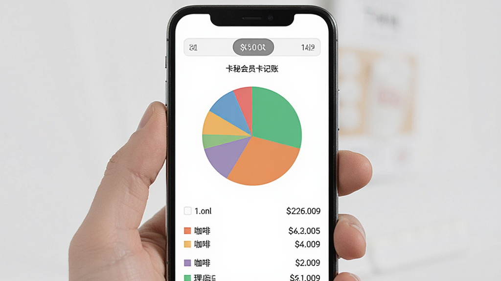 卡秘会员卡记账 数据统计界面 手机屏幕显示月度消费饼状图 不同颜色区块代表超市 咖啡 药店 理发店等类别 下方有消费金额列表 顶部有月份切换按钮 背景为白色 风格极简 字体清晰 画质干净 无多余元素