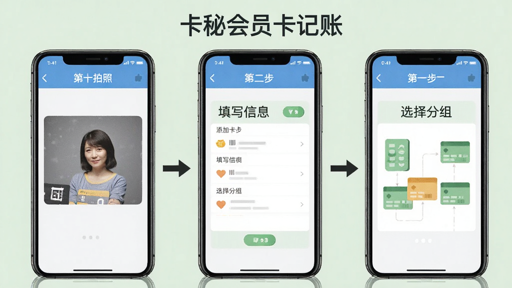 卡秘会员卡记账 使用教程示意图 手机屏幕显示添加卡片流程 第一步拍照 第二步填写信息 第三步选择分组 画面用箭头连接三个步骤 背景为浅绿色 风格清晰直观 画质干净 无多余元素