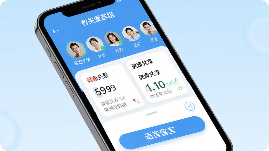 �ǹذ�App��ͥ��������չʾ��������һ���ֻ���Ļ��ʾ���ǹذ�����ͥȺ����棬�����Ǽ�ͥ��Աͷ���б����м��ǽ������ݹ�����Ƭ���ײ����������԰�ť������Ϊǳ��ɫ���䣬���������ִ������ֱ�ǩ���������ʸɾ��޶���Ԫ��