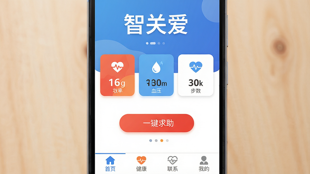 �ǹذ�App������ȫòչʾ������������һ����׿�ֻ�����Ļ��ʾ�ǹذ���ҳ�������С��ǹذ����������֣��·������ʡ�Ѫѹ����������������ݿ�Ƭ���м���һ��������ɫ��ť���ײ�������Ϊ��ҳ����������ϵ���ҵ��ĸ�ͼ�꣬���岼�������������ů��ͣ���ɫ��Ϊ���״����ɫ��׺�����ʸɾ����޶���Ԫ��