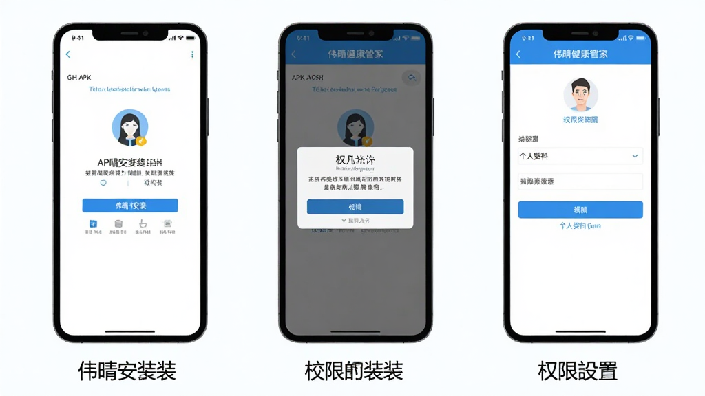 一张展示伟晴健康管家安装与权限设置步骤的图片,画面分为三个手机屏幕并排展示,第一个屏幕显示APK安装界面,第二个屏幕显示权限允许弹窗,第三个屏幕显示个人资料填写页面,每个屏幕下方有简洁的文字标注,整体风格扁平化,蓝白配色,布局清晰,画质干净,无多余元素。