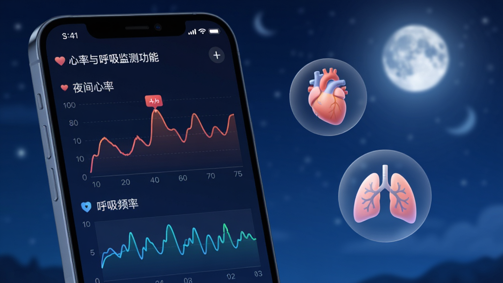 一张展示伟晴健康管家心率与呼吸监测功能的图片,画面主体是一个手机屏幕,屏幕上显示着夜间心率曲线和呼吸频率的波形图,图表线条清晰流畅,背景是深蓝色的夜空和柔和的月光,手机旁边漂浮着心脏和肺部的抽象图标,整体风格科技感十足,排版简洁,画质干净,无多余元素。