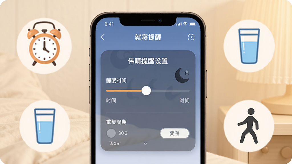 一张展示伟晴健康管家个性化提醒功能的图片,画面中一个手机屏幕显示着就寝提醒设置界面,上面有睡眠时间滑块和重复周期选项,屏幕周围环绕着闹钟、水杯和行走的小人图标,整体色调温暖柔和,布局清晰,风格生活化,画质干净,无多余元素。