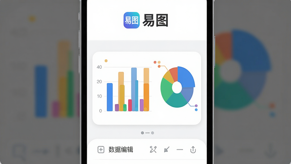 一张展示易图App核心界面的图片,主体是手机屏幕,屏幕上显示着色彩明快的柱状图和饼图,布局简洁,上方有易图的Logo,中间是图表预览区,下方是数据编辑栏,风格现代扁平,细节圆润清晰,画质干净无多余元素
