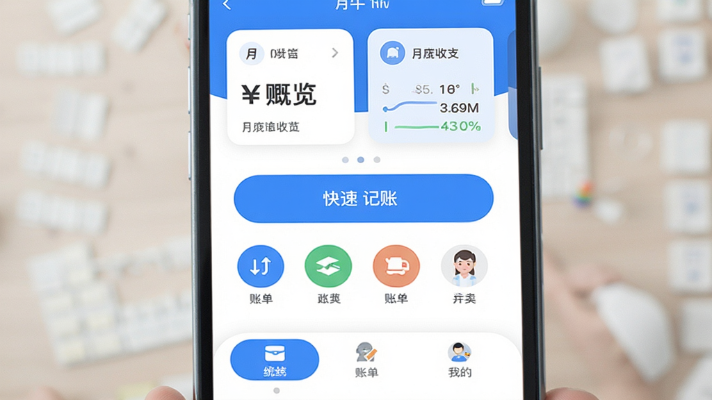 找牛牛 手机记账 应用主界面 展示 简洁 现代 蓝白 配色 顶部 显示 月度收支 概览 卡片 中间 是 快速 记账 按钮 和 分类 图标 底部 为 账单 统计 我的 三个 选项卡 布局 清晰 风格 扁平化 细节 圆润 画质 干净 无 多余 元素
