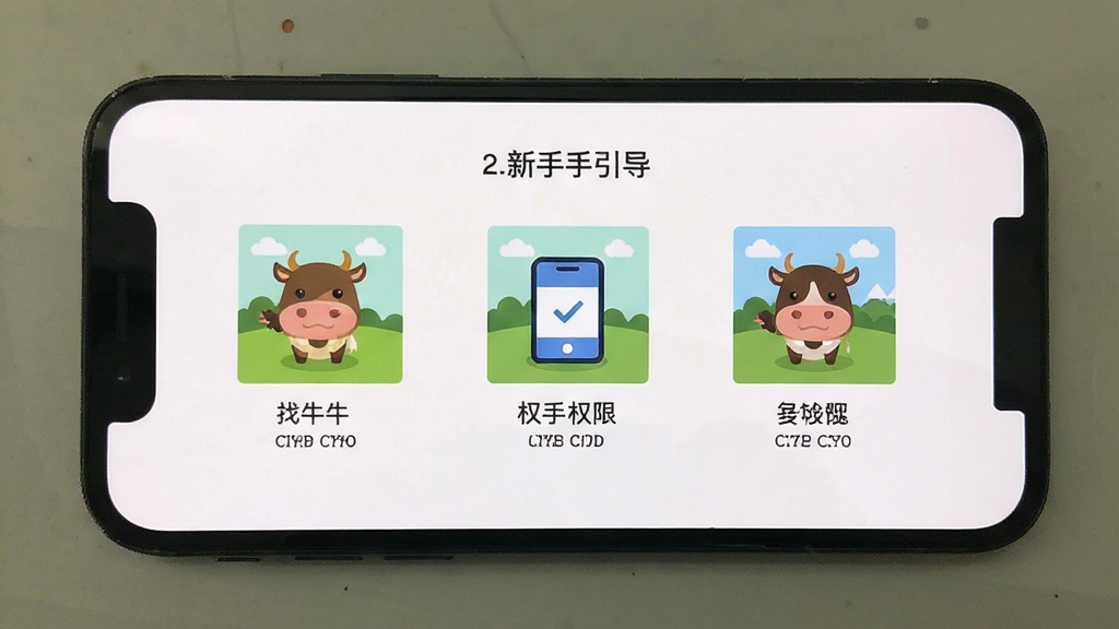 找牛牛 新手 引导 界面 步骤 图示 手机 屏幕 展示 安装 权限 设置 风格 友好 画质 清晰 无 多余 元素