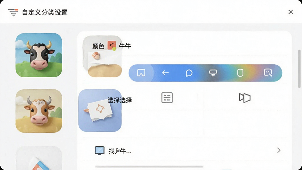 找牛牛 自定义 分类 设置 界面 图标 颜色 选择 器 列表 布局 风格 清新 画质 清晰 无 多余 元素
