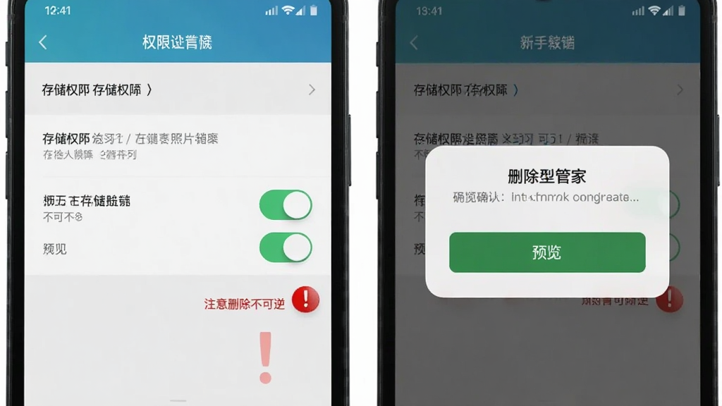 手机相册照片管家新手使用教程截图,手机屏幕显示权限设置界面和删除确认弹窗,界面中有存储权限开关和预览确认按钮,旁边有红色感叹号提示注意删除不可逆,整体风格为手机系统界面样式,清晰展示操作步骤,画质干净