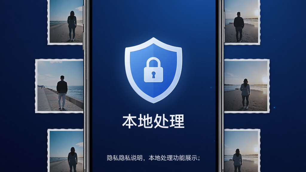 手机相册照片管家隐私安全本地处理功能展示,手机屏幕中央显示盾牌图标和本地处理字样,周围环绕照片缩略图,背景为深蓝色渐变,底部有隐私说明文字,整体风格科技感十足但简洁明了,画质清晰,无多余装饰元素