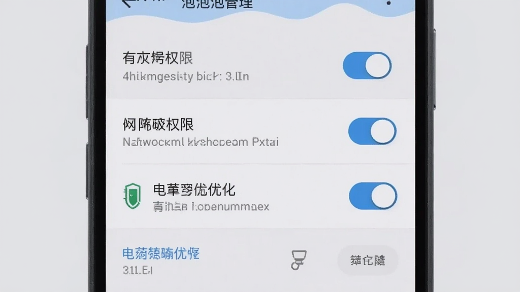 一张展示泡泡云手机设置界面的图片,主体是手机屏幕上的权限管理页面,布局为竖向列表式,风格为扁平化UI设计,细节上显示存储权限、网络权限、电池优化等开关选项,背景为浅灰色,画质清晰干净,无多余元素。