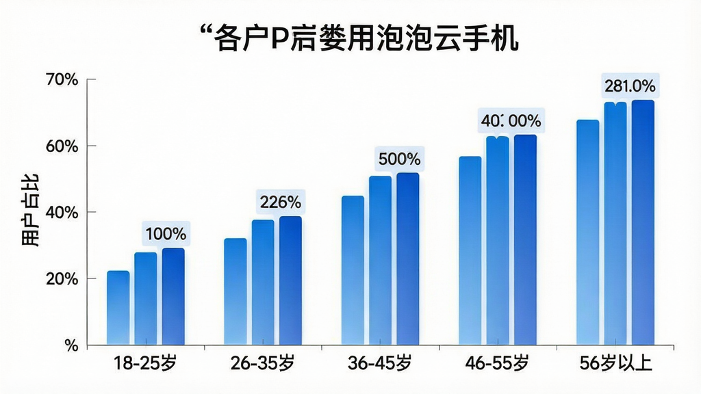 一张展示不同年龄段用户使用泡泡云手机的柱状图,主体是五组柱状数据,横轴标注“18-25岁”“26-35岁”“36-45岁”“46-55岁”“56岁以上”,纵轴标注用户占比,布局为左右对称,风格为简洁数据图表,细节上柱子颜色为蓝色渐变,顶部有百分比数值标签,背景为白色,画质清晰干净,无多余元素。