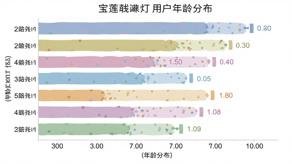 一幅展示宝莲像素灯用户年龄分布的柱状图,主体是柱状图图表,布局为横向柱状图,排版清晰,风格为扁平化信息图风格,细节包括不同年龄段的柱子高度对比、清晰的坐标轴标签、柔和的配色,画质清晰,干净,无多余元素