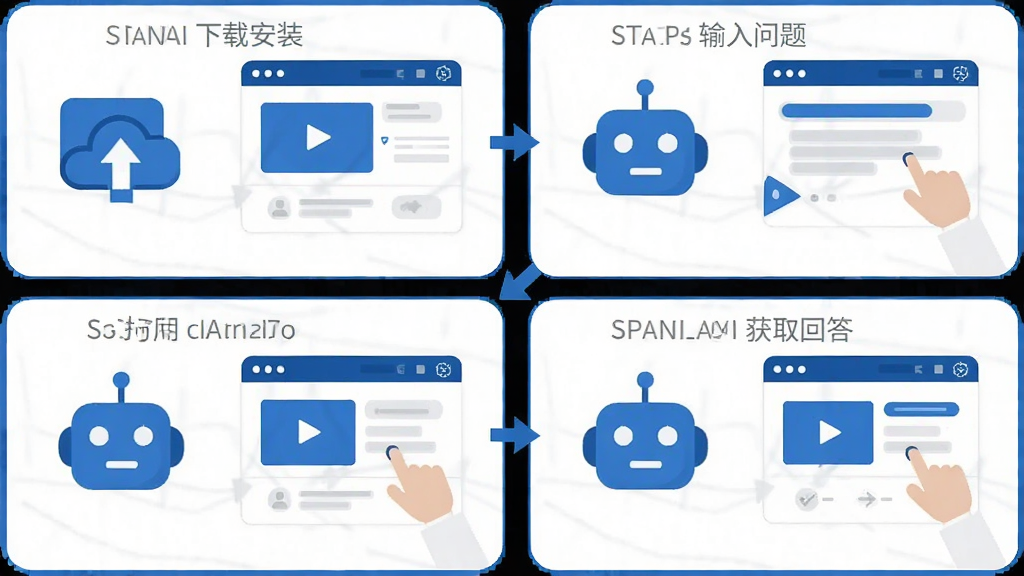 一张展示可当AI新手使用步骤的示意图,画面分为四个步骤,第一步下载安装,第二步打开应用,第三步输入问题,第四步获取回答,每个步骤配有简洁的图标和可当AI界面元素,整体风格为扁平化信息图,蓝白配色,画质干净,无多余元素