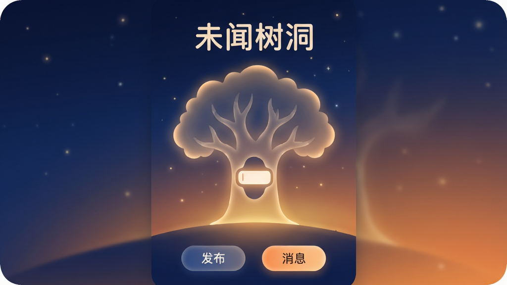 未闻树洞App主界面展示,整体采用深蓝与暖橙的渐变夜色背景,中央是一棵发光的半透明大树剪影,树洞位置有一个发光的输入框,界面布局简洁,顶部有“未闻树洞”四个字,底部有发布和消息两个按钮,风格温馨治愈,细节圆润,画质干净,无多余元素