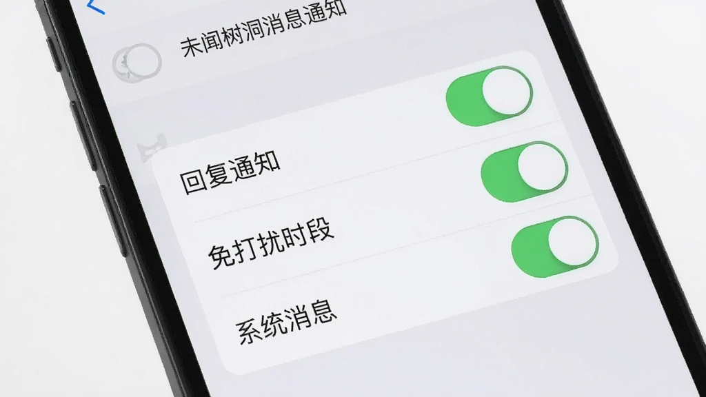 未闻树洞消息通知设置界面,画面中展示一个手机屏幕,屏幕上是通知设置选项,包括“回复通知”“免打扰时段”“系统消息”三个开关,背景是浅灰色,界面风格扁平化,细节清晰,画质干净,无多余元素