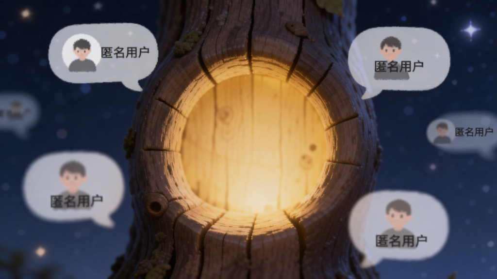 未闻树洞匿名发布界面,画面中央是一个木质纹理的树洞开口,里面透出暖黄色的光,周围漂浮着几个模糊的匿名头像气泡,每个气泡里写着“匿名用户”字样,背景是深蓝色的星空,风格治愈安静,细节柔和,画质干净,无多余元素