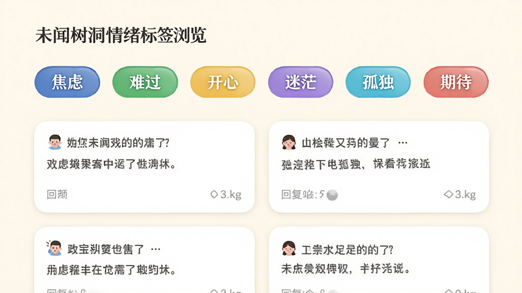 未闻树洞情绪标签浏览页面,画面中横向排列着六个彩色标签胶囊,分别写着“焦虑”“难过”“开心”“迷茫”“孤独”“期待”,标签下方是几条匿名树洞卡片,卡片上有简短的文字和回复数,背景是柔和的米白色,风格清新简约,细节清晰,画质干净,无多余元素