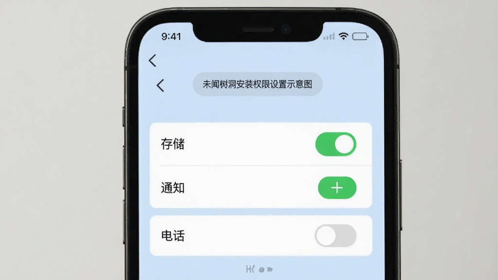 未闻树洞安装权限设置示意图,画面展示一个手机屏幕,屏幕上是应用权限管理页面,显示“存储”“通知”“电话”三个权限选项,其中“存储”和“通知”为开启状态,“电话”为关闭状态,背景是浅蓝色,界面风格简洁明了,细节清晰,画质干净,无多余元素