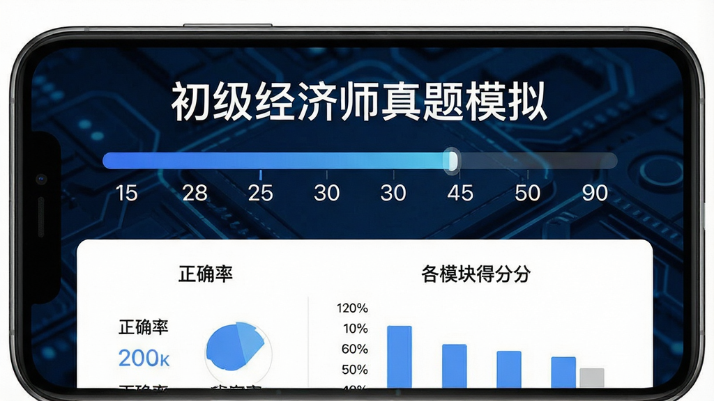 一张手机应用截图风格的图片,画面中央是一个倒计时进度条,上方显示“初级经济师真题模拟”字样,下方是一份得分报告图表,包含正确率、各模块得分柱状图,背景是深蓝色科技感纹理,布局清晰,风格简约商务,画质干净,无多余元素