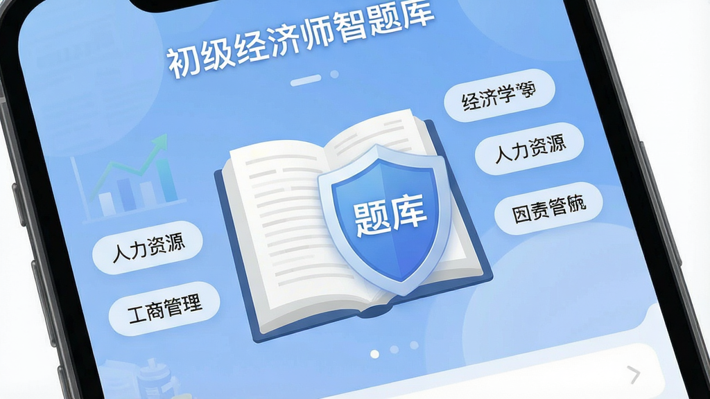一张手机屏幕展示着“初级经济师智题库”应用的主界面,画面中央是一本翻开的电子书与一个盾牌形状的题库图标融合在一起,周围环绕着经济学基础、人力资源、工商管理等章节标签,背景是柔和的蓝色渐变,布局简洁明了,风格现代扁平化,细节清晰,画质干净,无多余元素