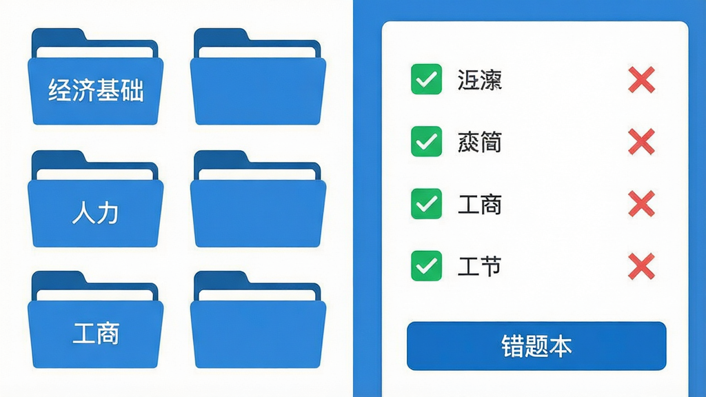 一张平面设计图,画面左侧是一排整齐的章节文件夹图标,标注着“经济基础”、“人力”、“工商”等字样,右侧是一道正在作答的多选题界面,选项旁边有绿色的对勾和红色的叉号,底部显示着“错题本”按钮,整体采用蓝白配色,风格清爽,布局规整,画质清晰,无多余元素
