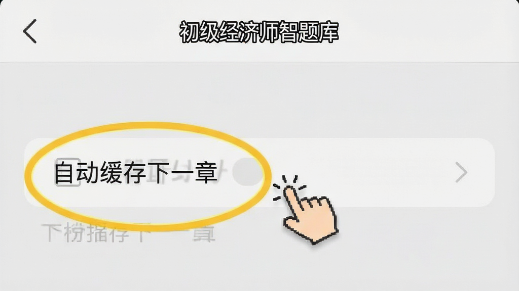 一张手机屏幕截图风格的图片,画面展示“初级经济师智题库”的设置界面,其中“自动缓存下一章”选项被高亮圈出,旁边有一个手指点击的图标,背景是浅灰色,风格简洁明了,布局清晰,画质干净,无多余元素