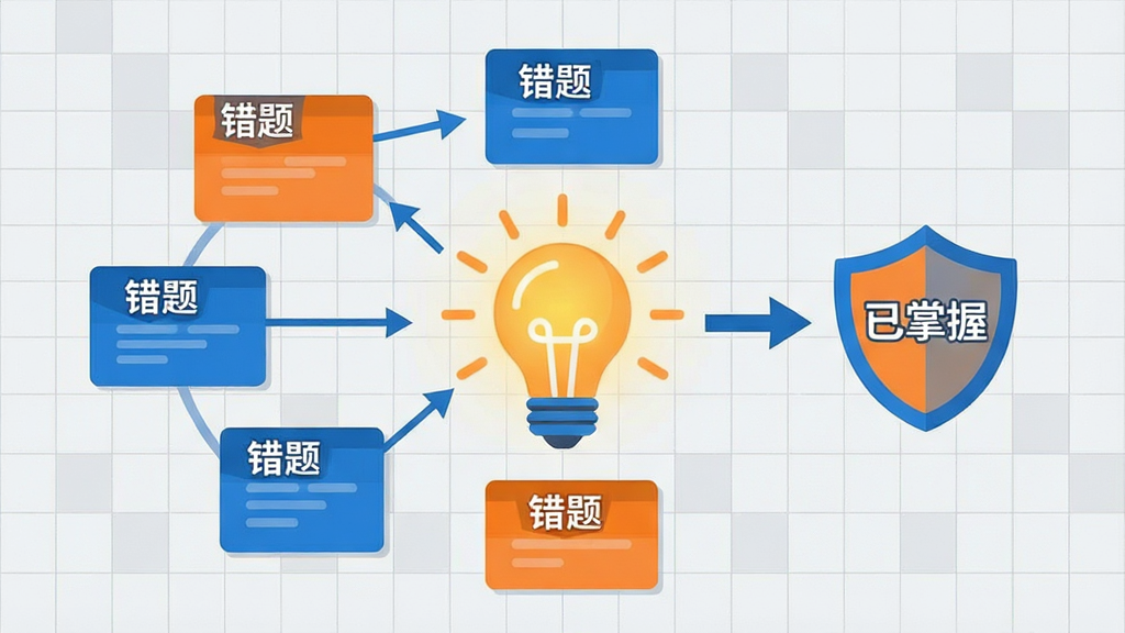 一张信息图风格的设计,画面中心是一个发光的灯泡图标,周围环绕着几个带有“错题”标签的卡片,卡片之间有箭头连接指向一个“已掌握”的盾牌图标,背景是浅灰色网格,配色以橙色和蓝色为主,风格扁平化,布局有逻辑性,画质干净,无多余元素