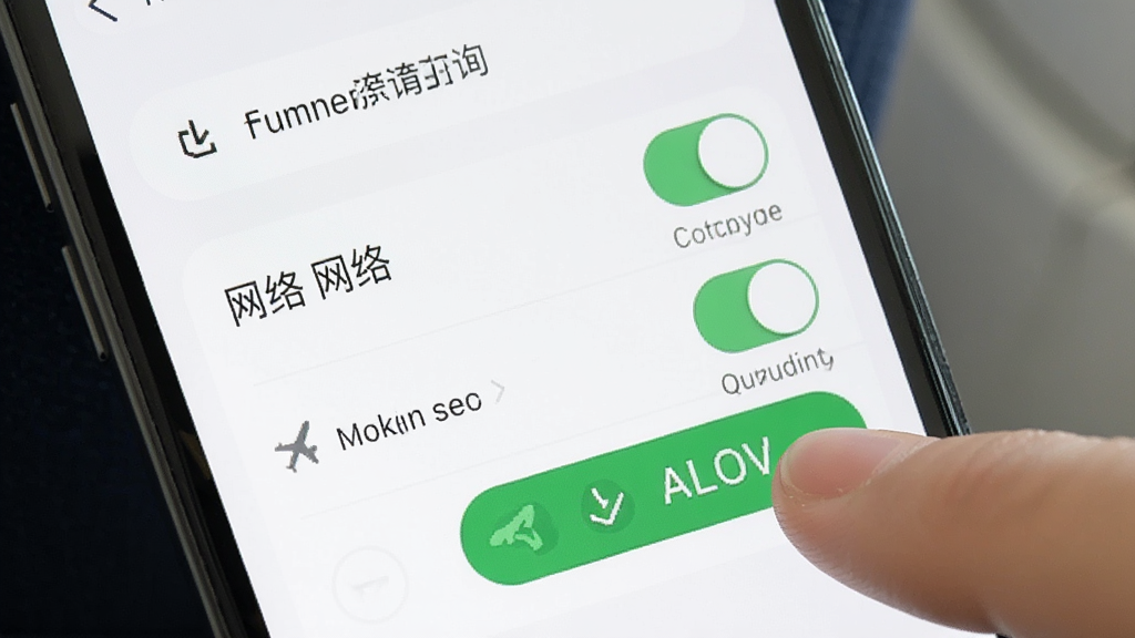 航班飞机票查询 手机设置权限界面 显示网络和存储权限开关 手指点击允许 简洁教程风格 明亮清晰
