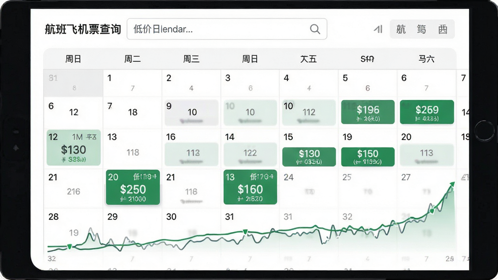 航班飞机票查询 低价日历界面 显示一个月日期 部分日期标注低价 绿色价格数字 走势图折线 白色背景 排版整齐 干净无多余元素