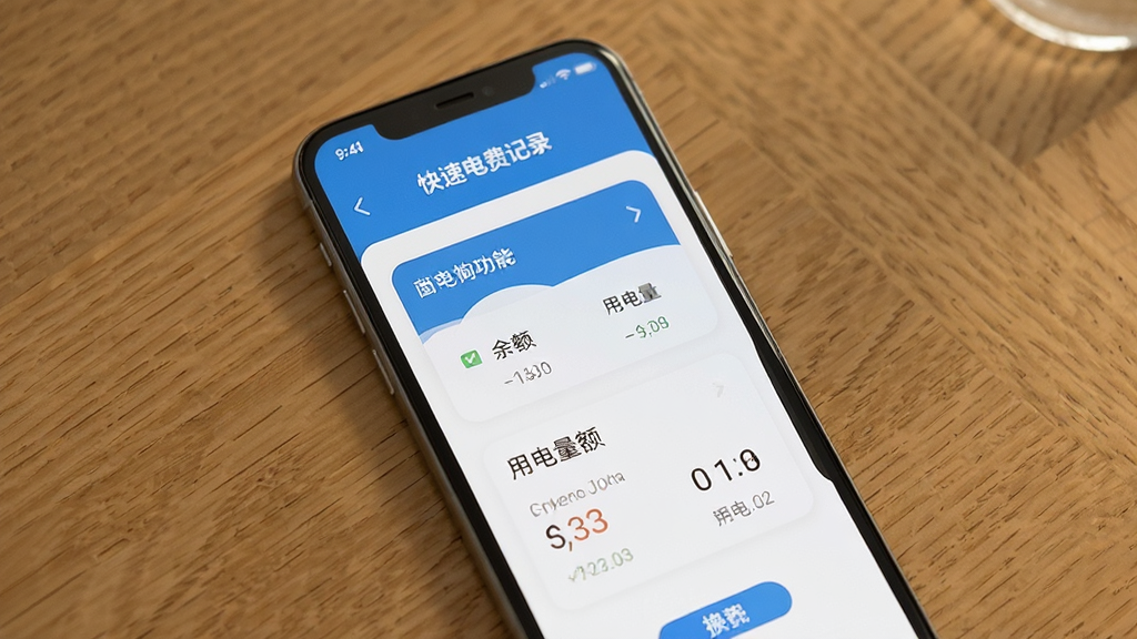 网上电费记录 快速查询功能展示 手机屏幕显示电费余额和用电量 界面简洁 蓝白配色 扁平风格 干净无多余元素