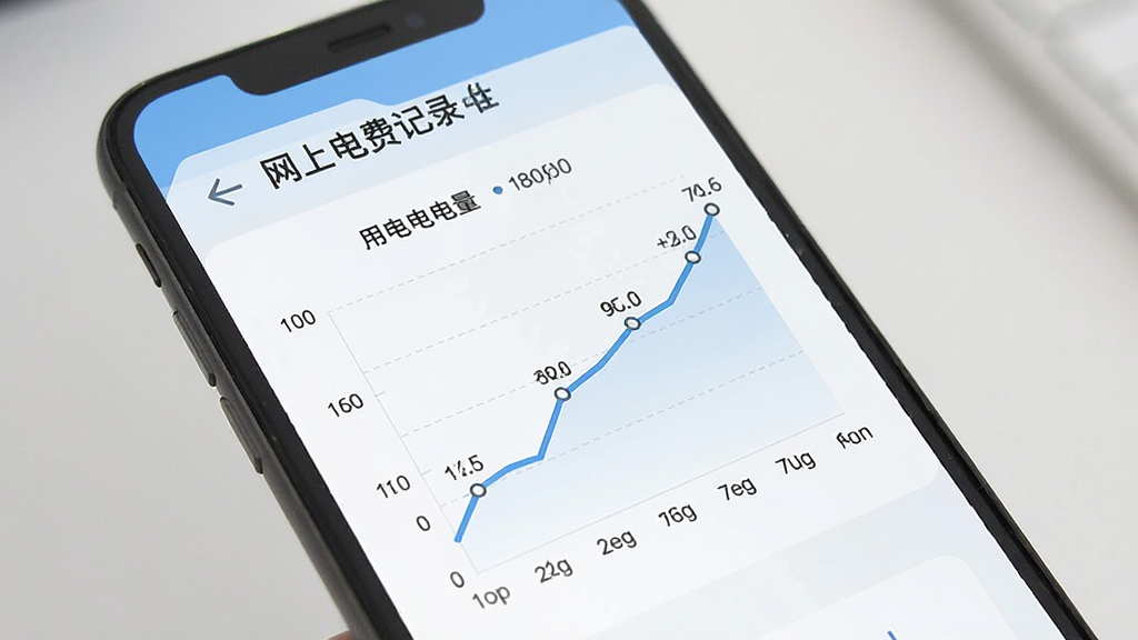 网上电费记录 用电趋势图表界面 手机屏幕显示折线图 展示每月用电量变化 简洁图表设计 蓝白配色 干净无多余元素