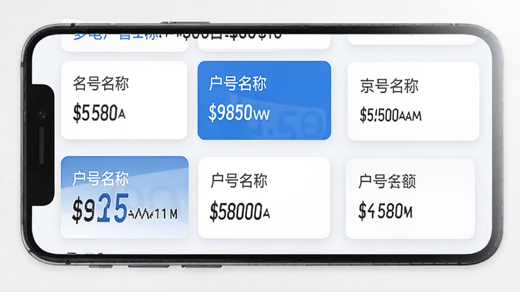 网上电费记录 多户号管理界面 手机屏幕显示多个电费户号卡片 每个卡片有户号名称和余额 简洁列表布局 蓝白配色 干净清爽
